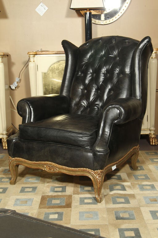 Maison Jansen Pair of Louis XV Style Tufted Leather Wing Lounge Chairs