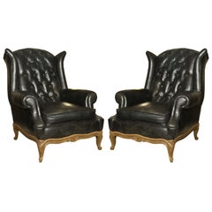 Vintage Maison Jansen Pair of Louis XV Style Tufted Leather Wing Lounge Chairs