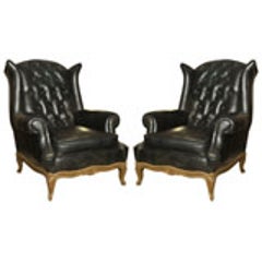Maison Jansen Pair of Louis XV Style Tufted Leather Wing Lounge Chairs 1