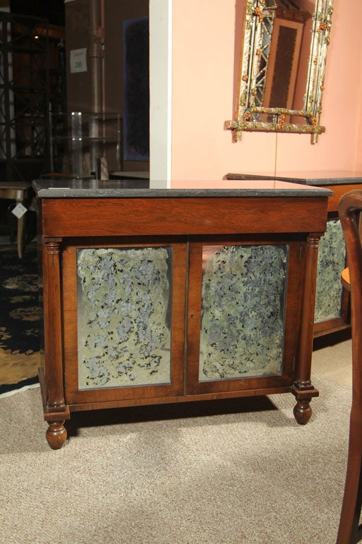 Pair of Rosewood Servers with  Mirrored Fronts and marble tops