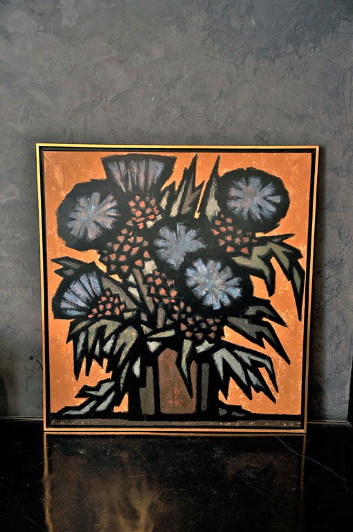 Gorgeous Still Life painting signed by Juan Manuel Sanchez on the backside of canvas. Cubist flower motif in oranges, blues, and greens. Oil on Canvas.