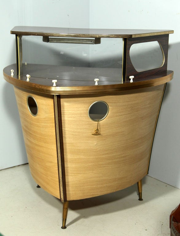 Fantastic Vintage Dry Bar in the shape of a bow of a boat, very unusual conversational piece, perfect on enclosed porch or family room. From the 1950's.