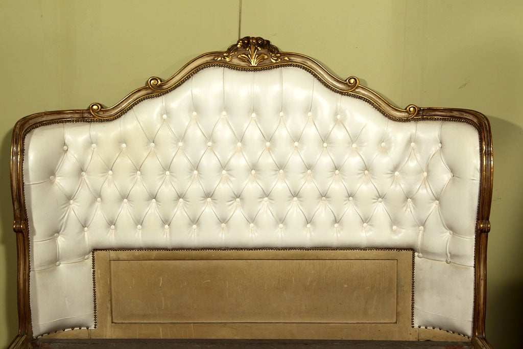 Mid-20th Century Stamped Jansen White Leather Tufted Bed Frame - Gold Leaf