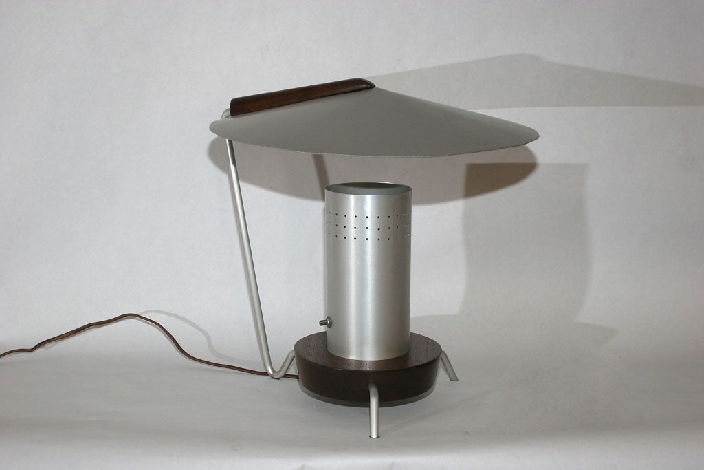 Table Lamp Mid Century Modern Futurist aluminum and wood attributed to Heifetz 1950's
New sockets and rewired