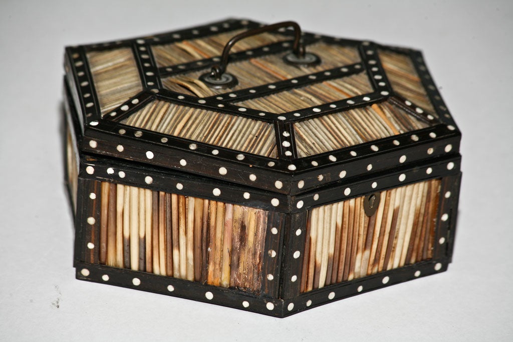 19th Century Hexagonal Ebony, Ivory and Porcupine Quill Box