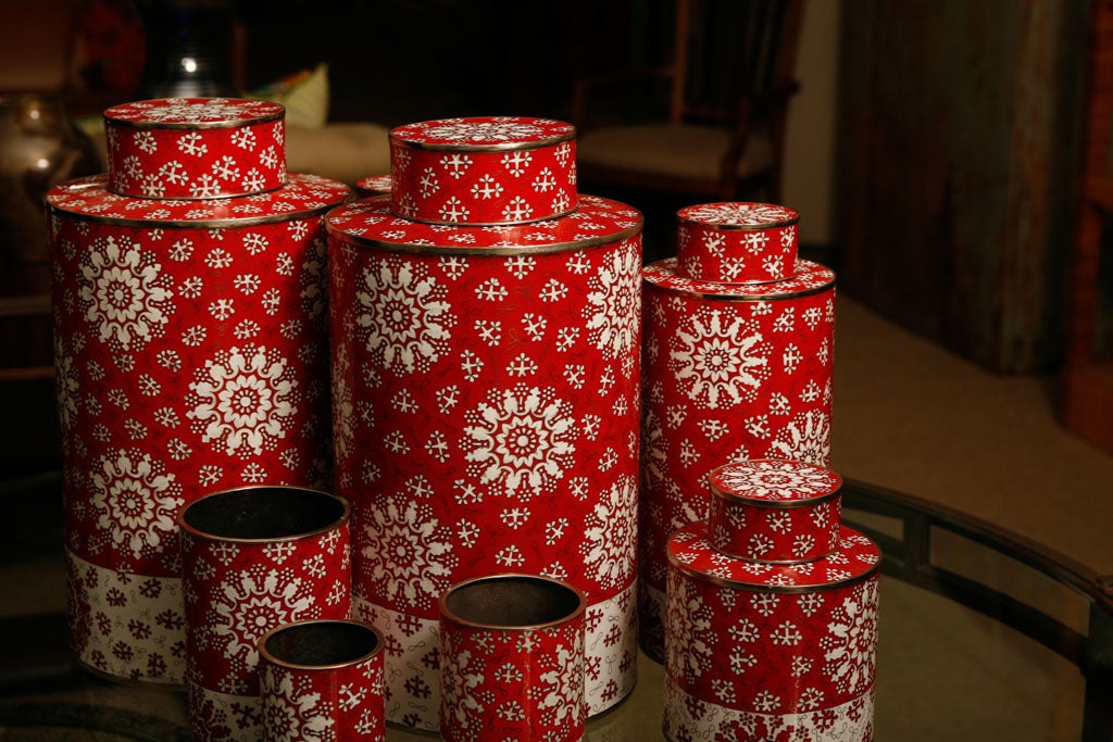 Here is a great assortment of Fabienne Jouvin tea canisters imported from Paris. <br />
The intricate cloisonne pattern is graphic and the interiors are made of a gray enamel. <br />
Sold individually or as a set from $125 (small) to $500.(large).