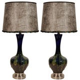 Vintage Pair of Gunmetal Ceramic Lamps with Blue & Green Drip Glaze