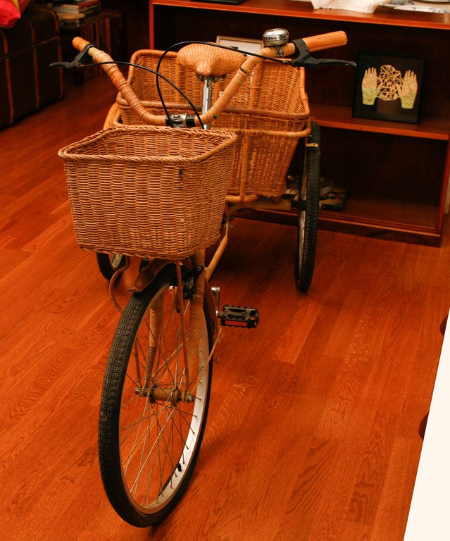 Vintage three weel bike with rattan baskets and bamboo wheel guards