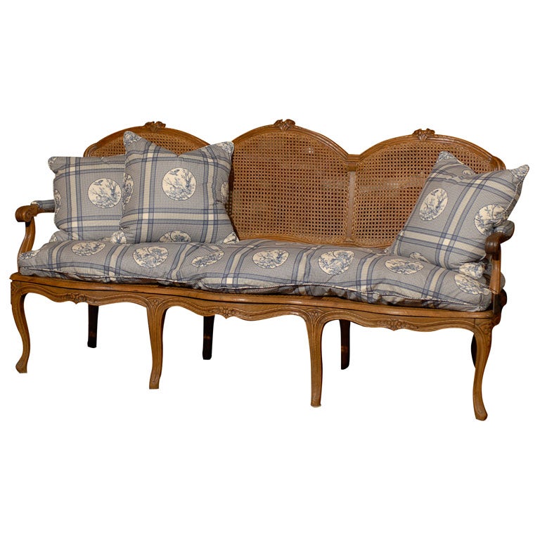 French 1860s Louis XV Style Fruitwood and Cane Canapé with Linen Upholstery  at 1stDibs