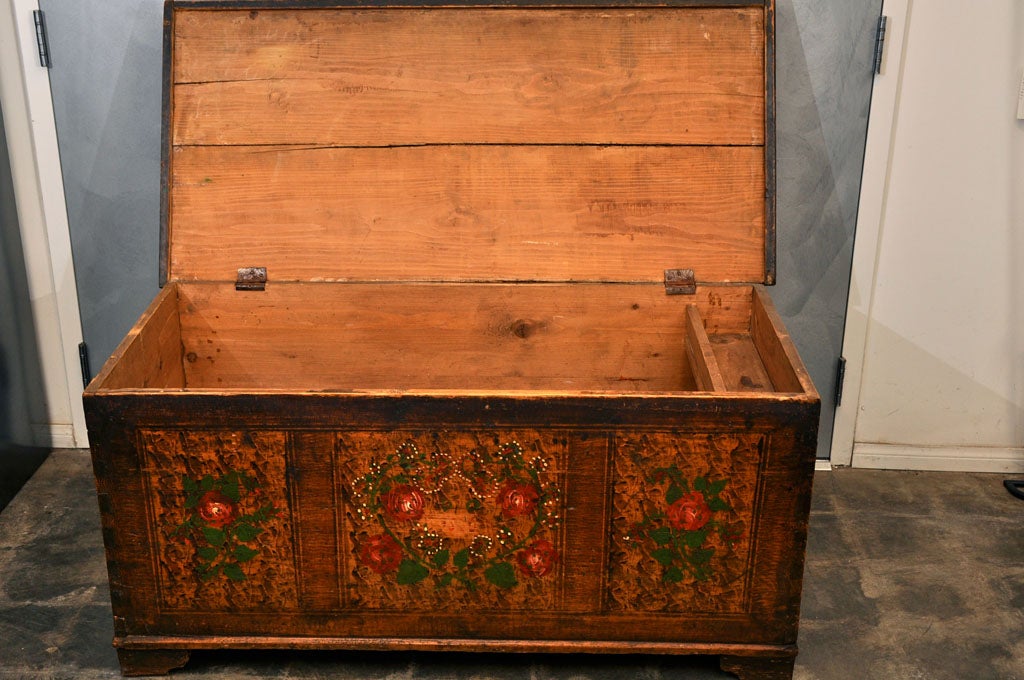 19th Century Pine Chest with Floral Painting