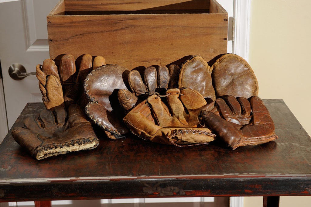 An instant collection of old baseball mits.  Most are made for adults, but a couple are for children including one of the catcher's mits.  Would make a great collection or framed individually for a neat wall art installation.