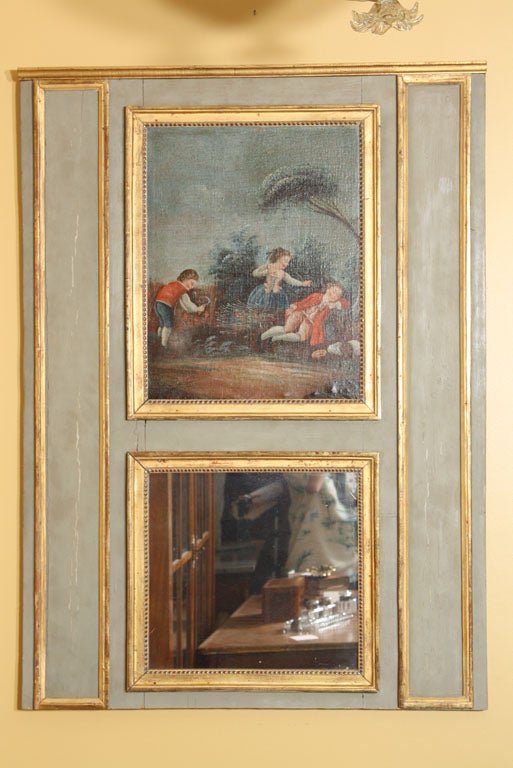Elegant 18th century French Louis XVI trumeau with finely painted oil on canvas depicting children taunting their father, restorations include top cornice replaced and gilding retouched, rare size.