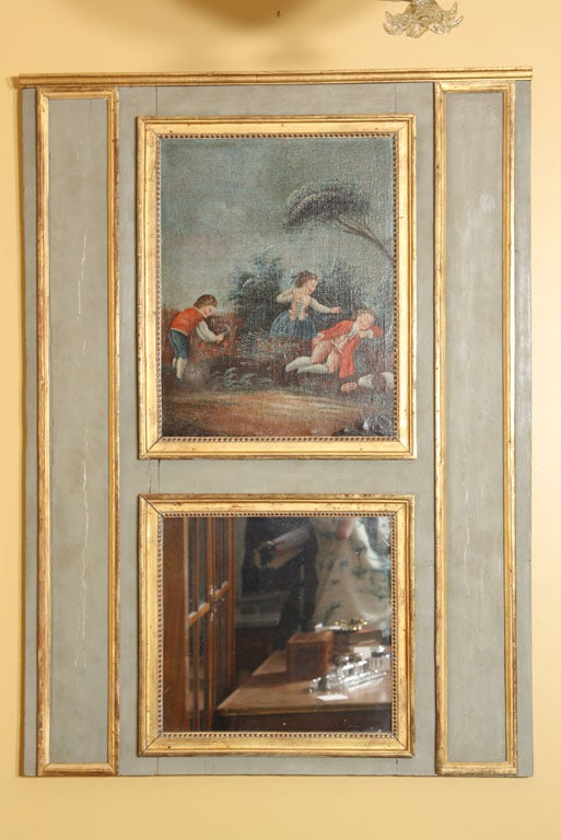 Elegantes französisches Louis XVI Trumeau aus dem 18. Jahrhundert mit fein gemalter Ölmalerei auf Leinwand, die Kinder darstellt, die ihren Vater verhöhnen.