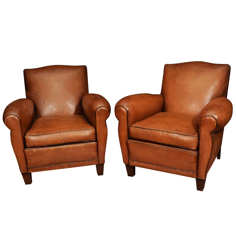 Pair of French Club Chairs In Original Leather