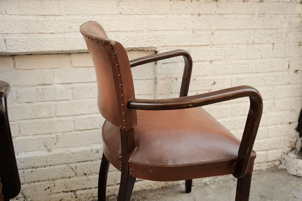 Pair of French Open Arm Leather Bridge Chairs 1