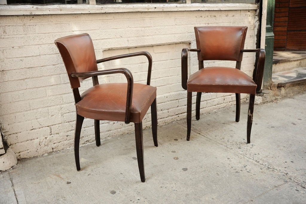 Pair of French Open Arm Leather Bridge Chairs 6