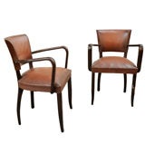 Pair of French Open Arm Leather Bridge Chairs