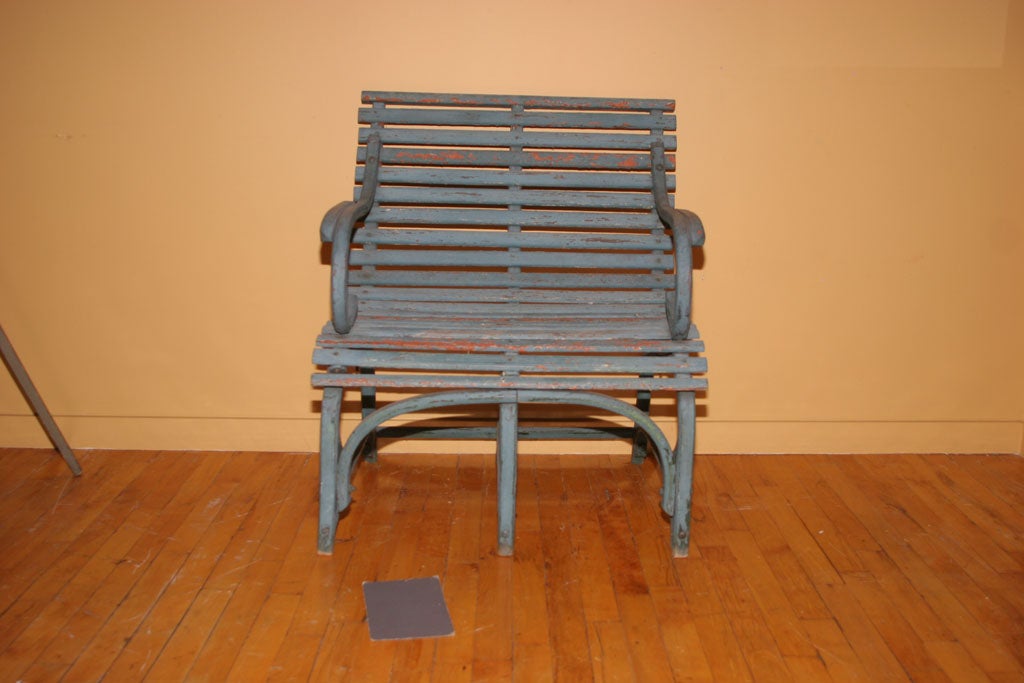 Wood Garden Bench in Old Blue Paint at 1stdibs