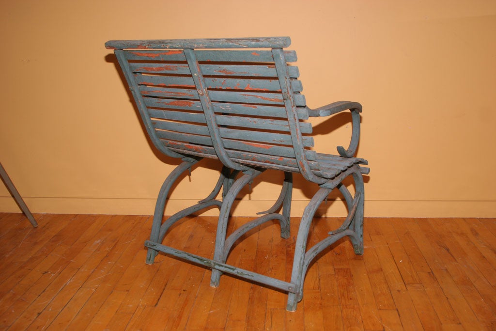 Wood Garden Bench in Old Blue Paint at 1stdibs