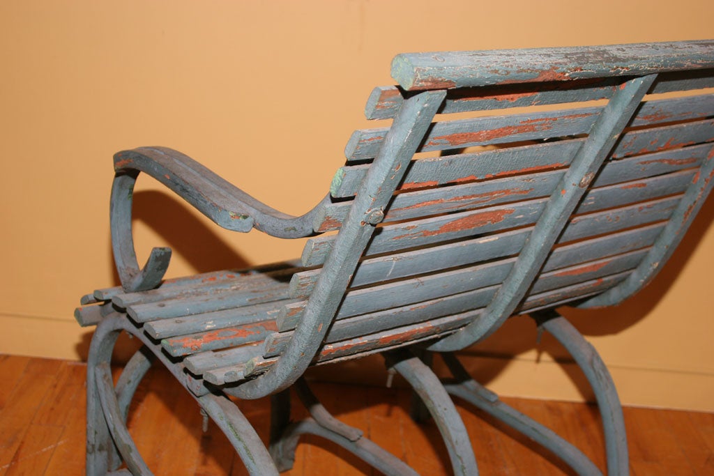 Wood Garden Bench in Old Blue Paint at 1stdibs