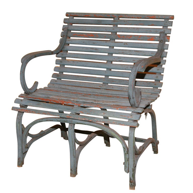 Wood Garden Bench in Old Blue Paint at 1stdibs