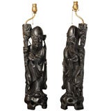 Solid Rosewood Chinese "Longevity" Table Lamps