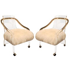 Pair of Circ 1970  Lucite Chairs with Tebetan Lamb Upholstery