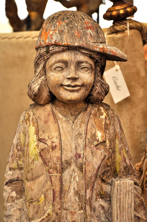 Rare 20th Century Wood Carving of Child in Excellent Conditioned, Natural Patina In Distressed Condition For Sale In Los Angeles, CA