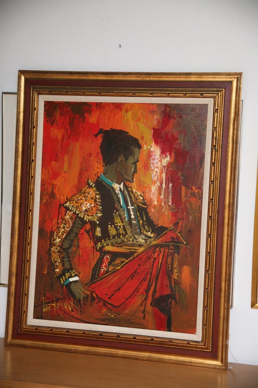 Lee Reynolds Unique large torero painting with vibrant red, aqua, yellows and browns fabulous colors