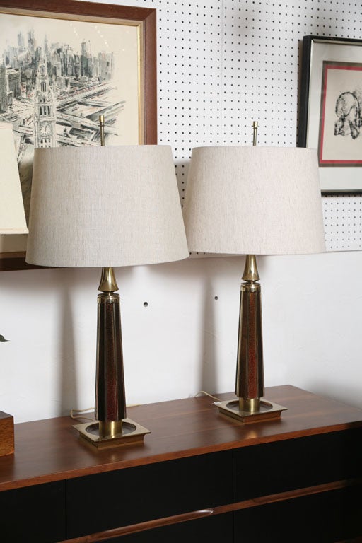 Pair of Brown and gold enamelled over brass lamps with new lamp shades and original finials
