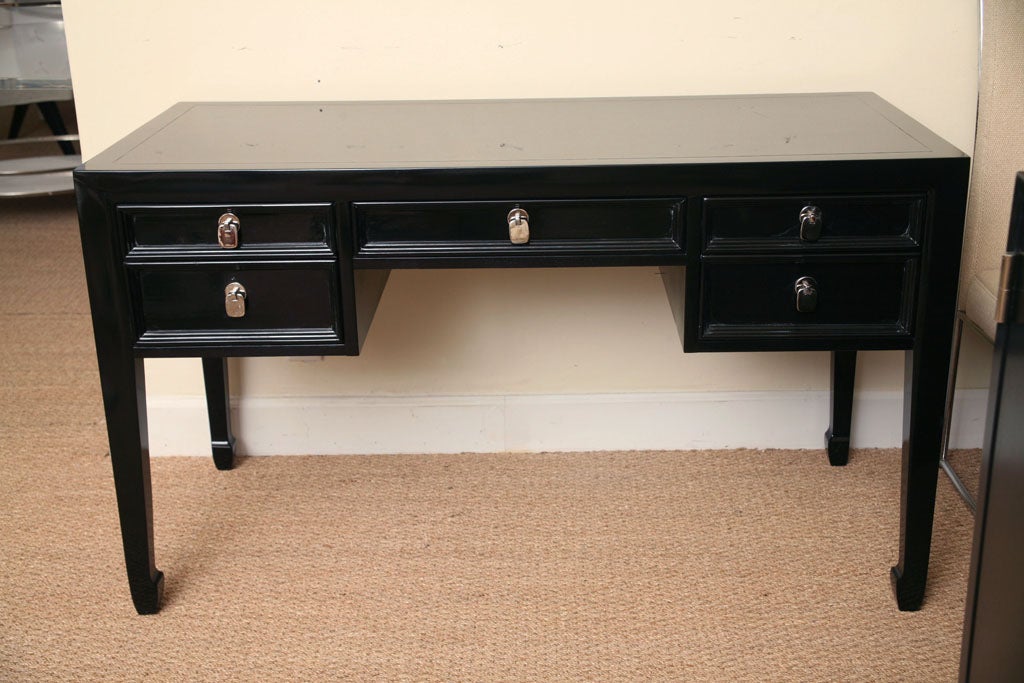Charming Black Lacquered Five Drawer Desk with Nickel Pulls