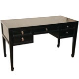 Charming Black Lacquered Five Drawer Desk with Nickel Pulls