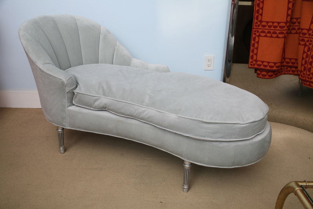 WOOD FRAME CONSTRUCTION UPHOLSTERED IN MOHAIR LIKE FABRIC WITH SILVER LEAFED LEGS;BEAUTIFUL SCALLOP BACK DESIGN.CHAISE WAS COMPLETELY REFURBISHED.