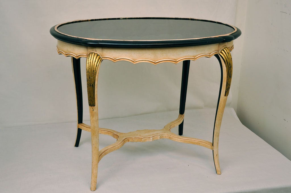 Art Deco Oval Shape Side Table w/Black Glass Top