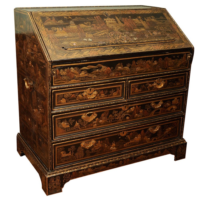 A CHINESE EXPORT BLACK & GILT LACQUER & MOTHER-OF-PEARL BUREAU For Sale