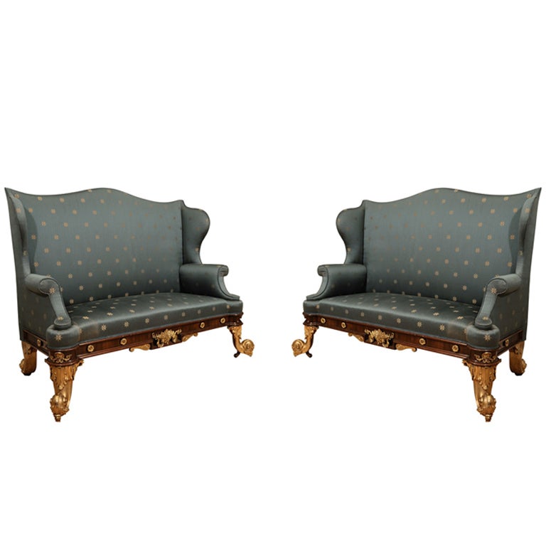 An Unusual Pair of Rosewood and Gilt-Brass Sofas For Sale