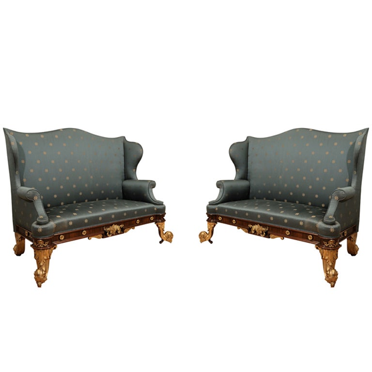 An Unusual Pair of Rosewood and Gilt-Brass Sofas For Sale