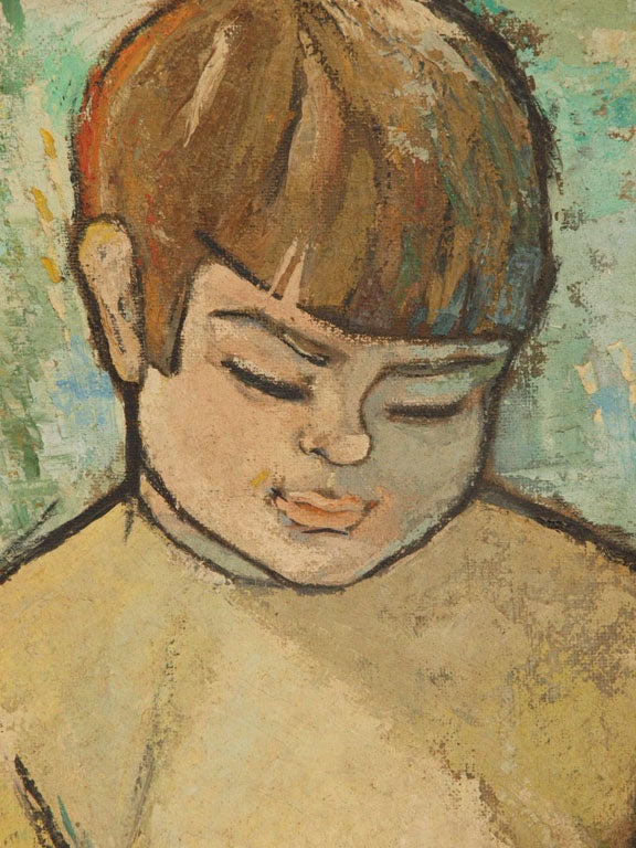 Unknown Oil Painting of Boy with Rabbit
