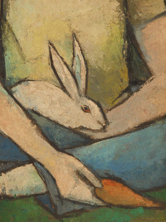 Mid-20th Century Oil Painting of Boy with Rabbit