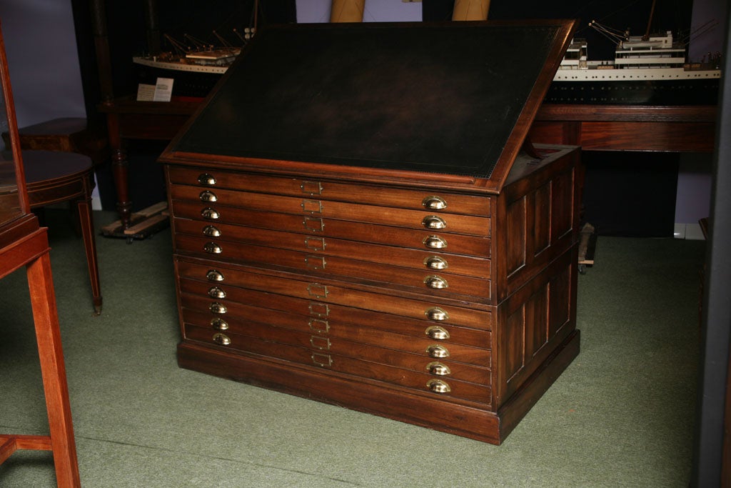 A 10 drawer map or folio chest with adjustable full hide leather top.