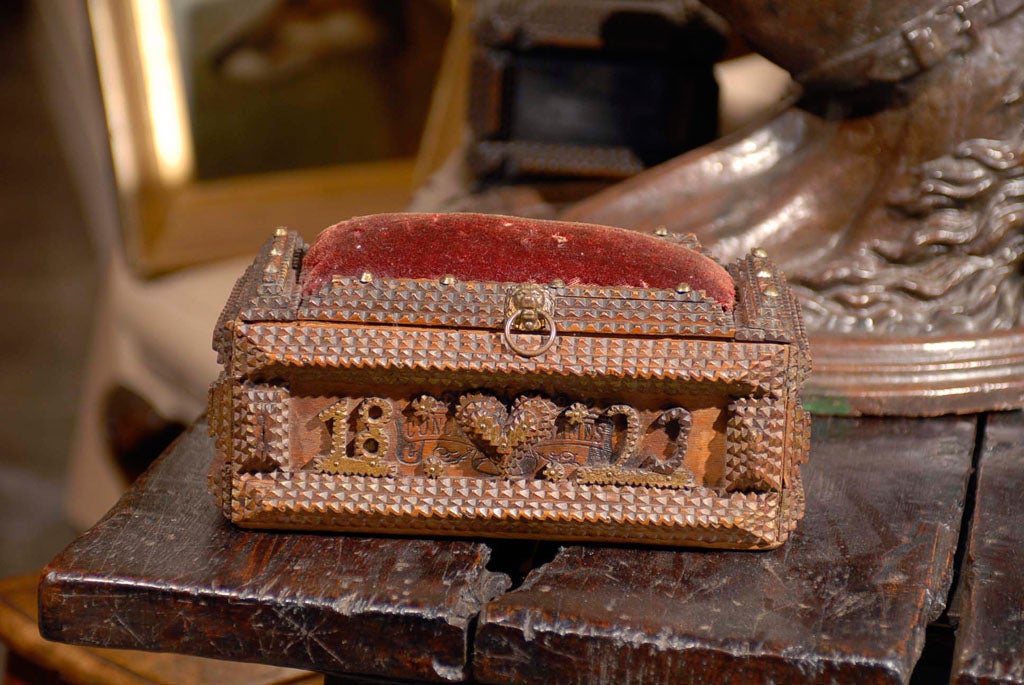 Folk Art 19th Century Tramp Art Box with Chip-Carved Decoration, Date and Velvet Inside For Sale