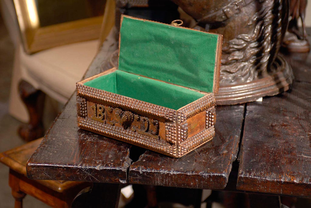 Wood 19th Century Tramp Art Box with Chip-Carved Decoration, Date and Velvet Inside For Sale