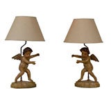 Pair of Carved Cherub Lamps