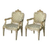 Pair of Swedish Neoclassic Cream Painted, Parcel-Gilt Armchairs