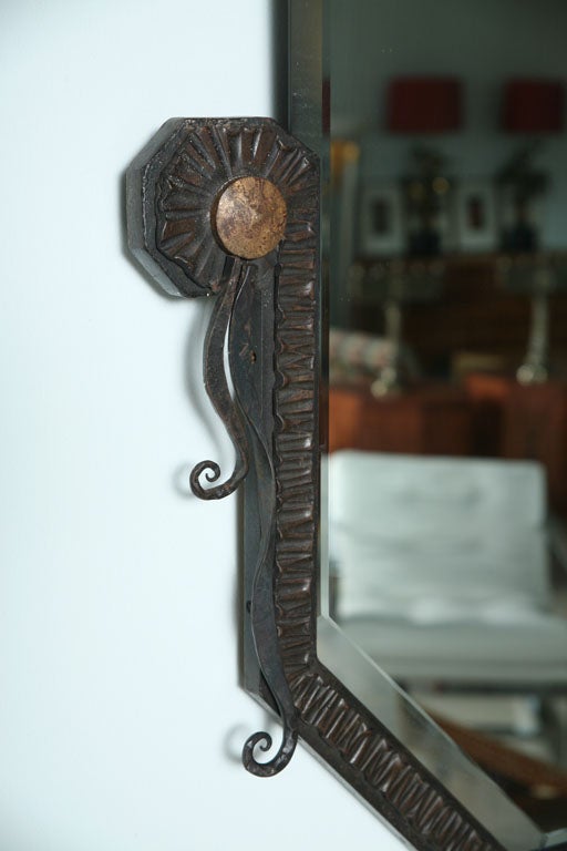 Pair of French Art Deco Hammered Steel and Bronze Mirrors, Paul Kiss In Excellent Condition For Sale In Hollywood, FL