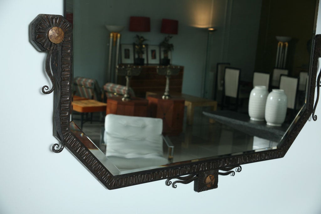 Pair of French Art Deco Hammered Steel and Bronze Mirrors, Paul Kiss For Sale 2