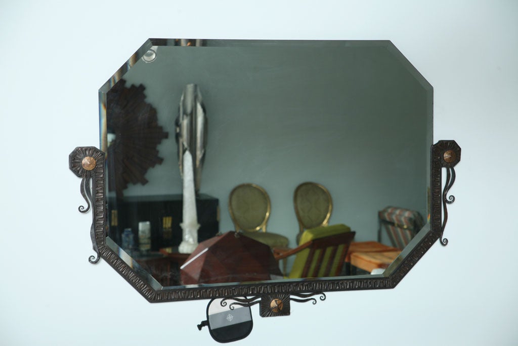 Pair of French Art Deco Hammered Steel and Bronze Mirrors, Paul Kiss