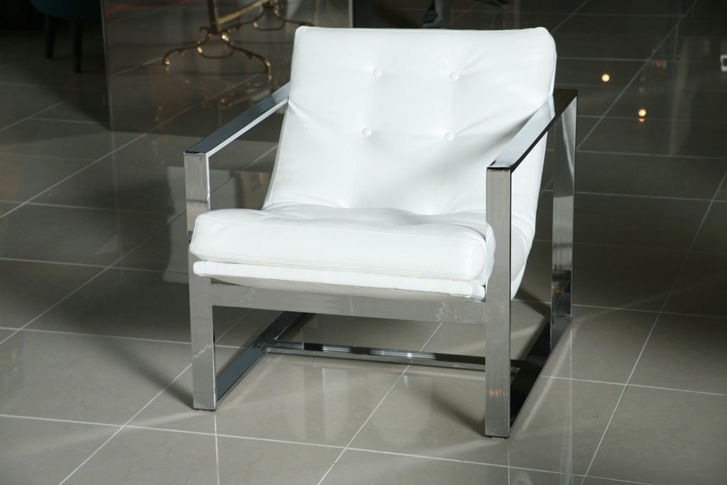 Pair of Milo Baughman Chrome & White Leather Cube Chairs 1