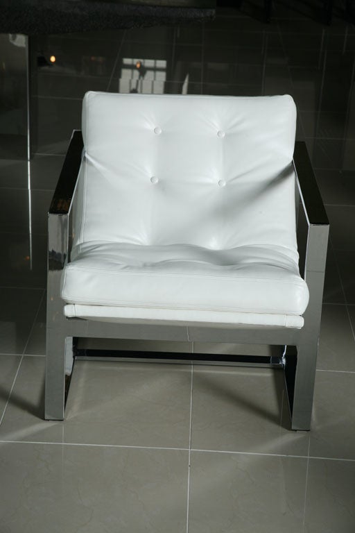Pair of Milo Baughman Chrome & White Leather Cube Chairs 2