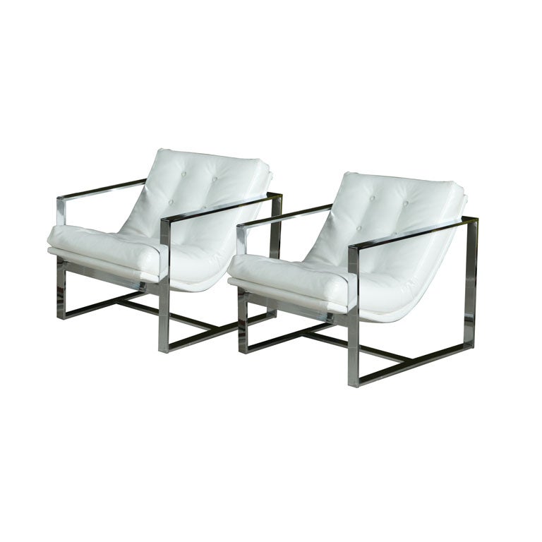 Pair of Milo Baughman Chrome & White Leather Cube Chairs